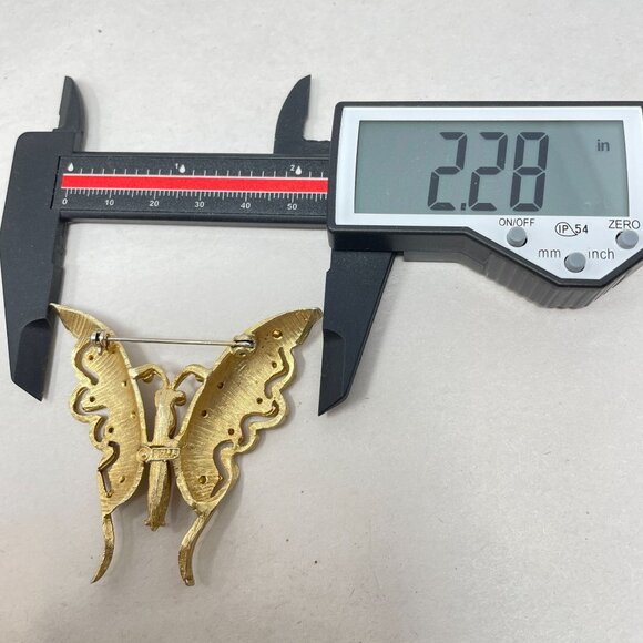 Pell Uranium Glass Butterfly Brooch Vintage Signed Gold-Tone Pink Body - Picture 11 of 12